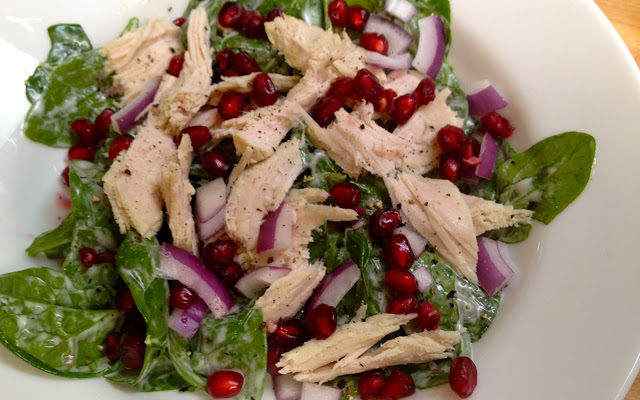 Spinach Salad with Turkey and Pomegranate Seeds