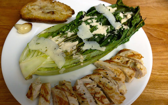 Deconstructed Gas-Grilled Chicken and Romain Caesar Salad