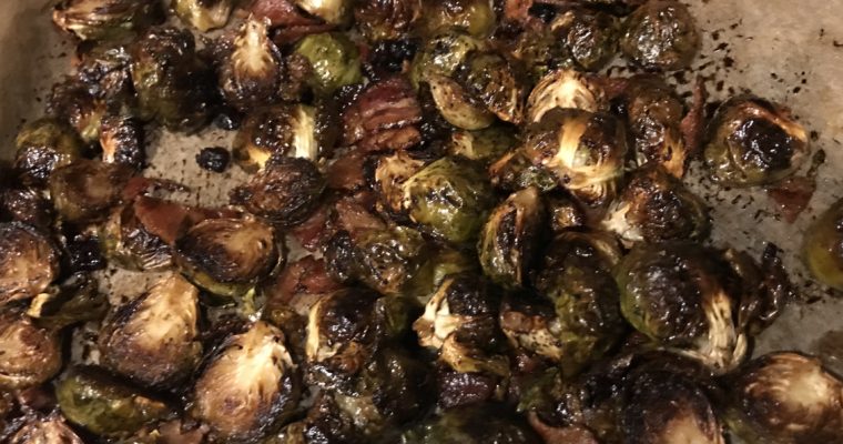 Oven Roasted Brussels Sprouts with Bacon, Balsamic, and Dried Cherries