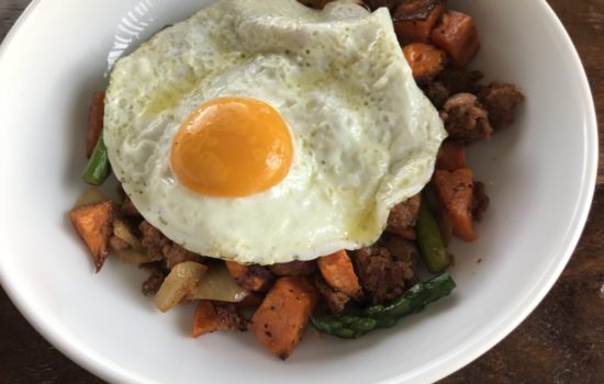 Sweet Potato Hash with Chorizo, Onion, and Asparagus