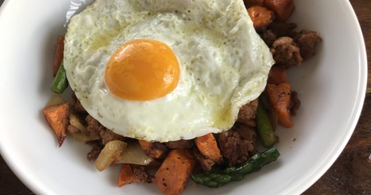 Sweet Potato Hash with Chorizo, Onion, and Asparagus