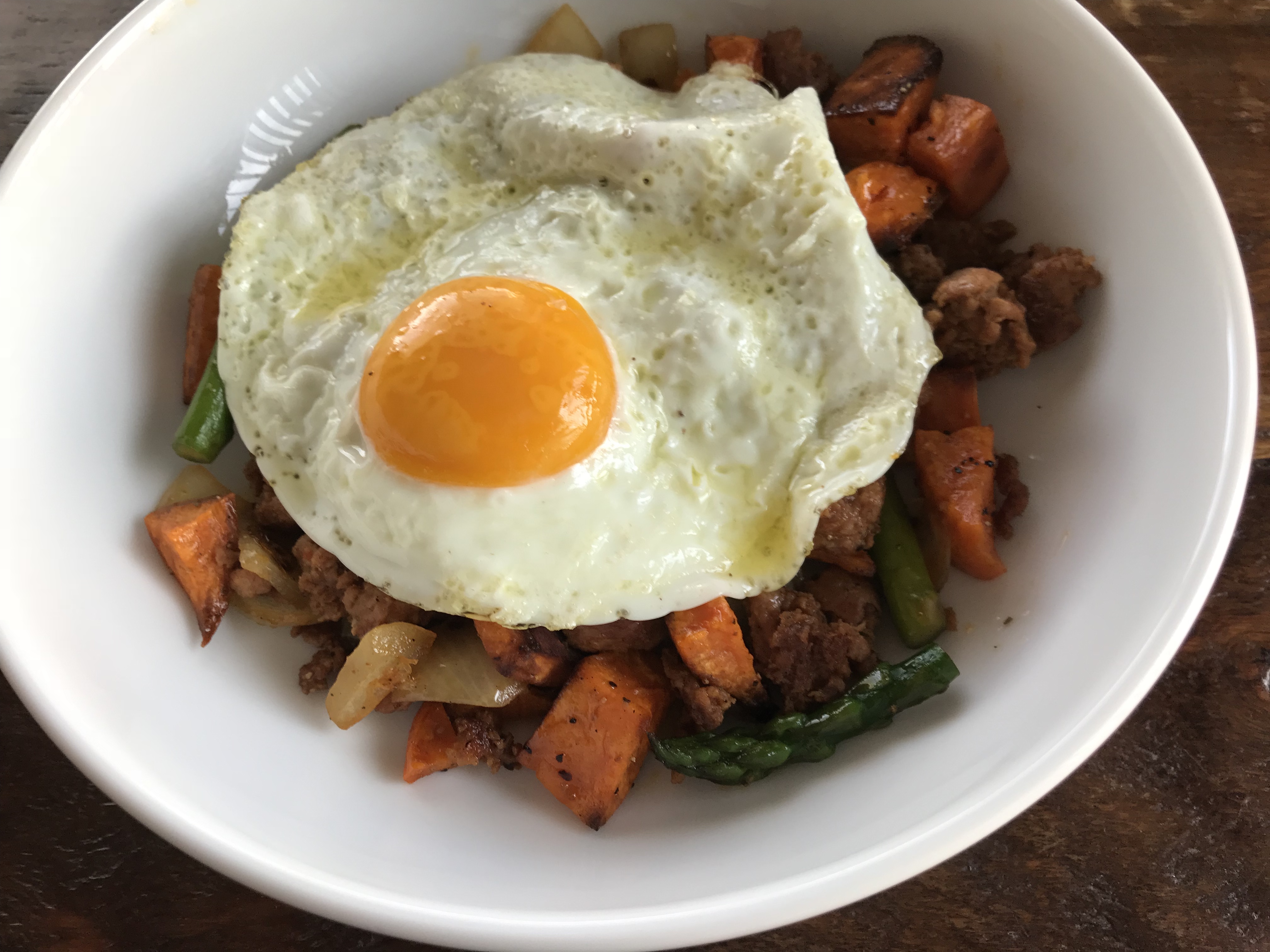 Sweet Potato Hash with Chorizo, Onion, and Asparagus