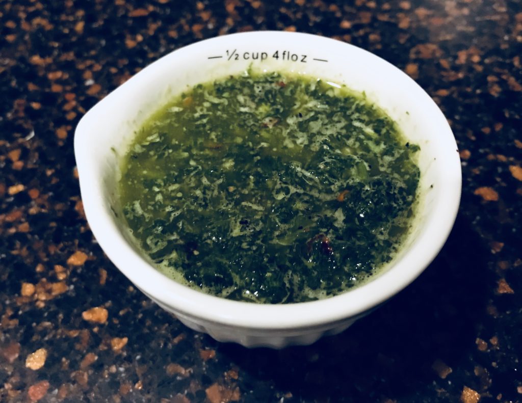 A 1/2 cup of chimichurri sauce (fresh parsley, garlic, lime, cumin, salt, dash of cayenne, and extra virgin olive oil