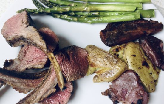 Pan-Seared Oven-Finished Salt and Pepper Rack of Lamb with Crispy Smashed Potatoes and Roasted Asparagus