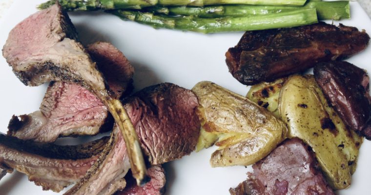 Pan-Seared Oven-Finished Salt and Pepper Rack of Lamb with Crispy Smashed Potatoes and Roasted Asparagus
