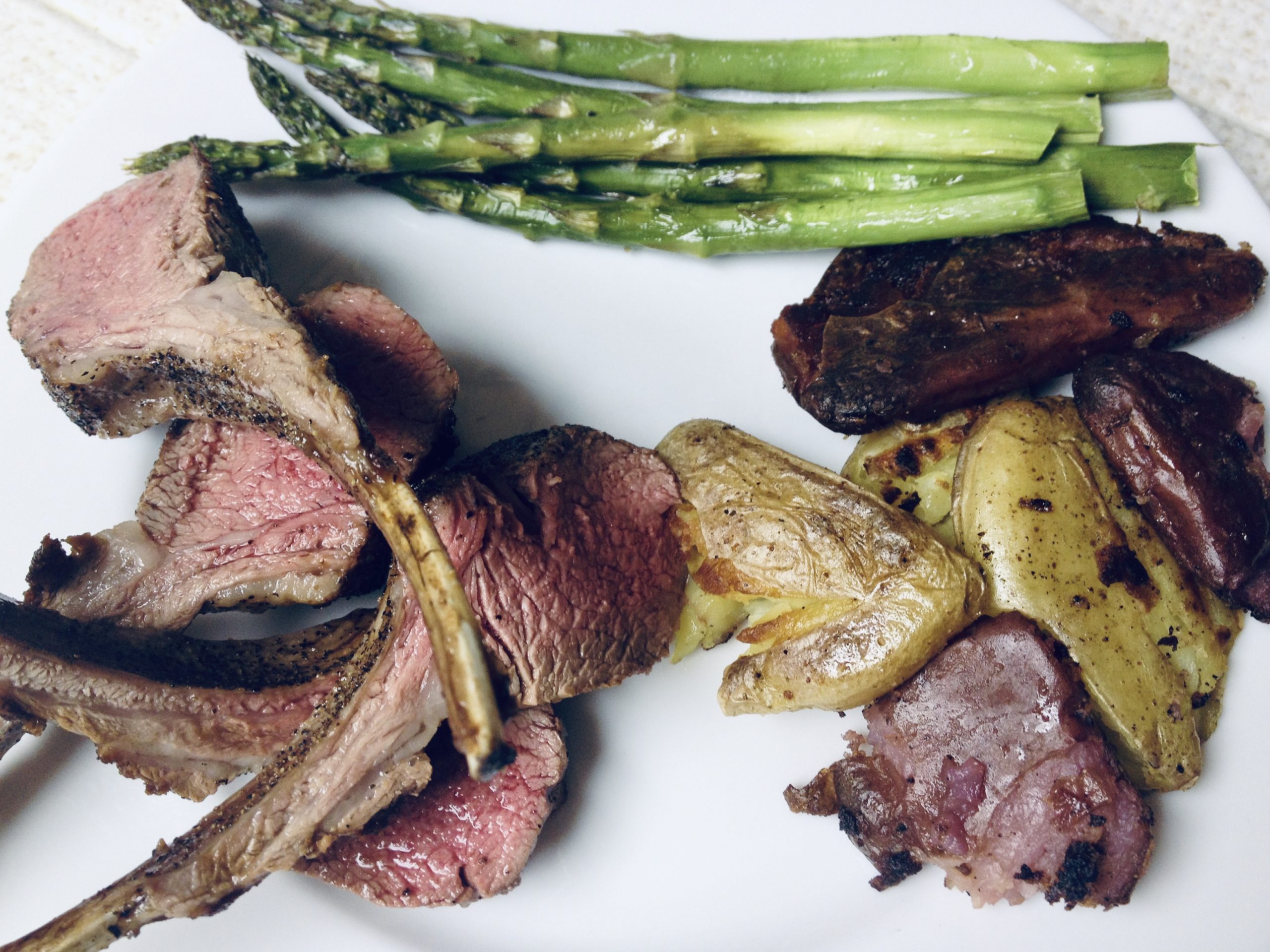 Pan-Seared Oven-Finished Salt and Pepper Rack of Lamb with Crispy Smashed Potatoes and Roasted Asparagus