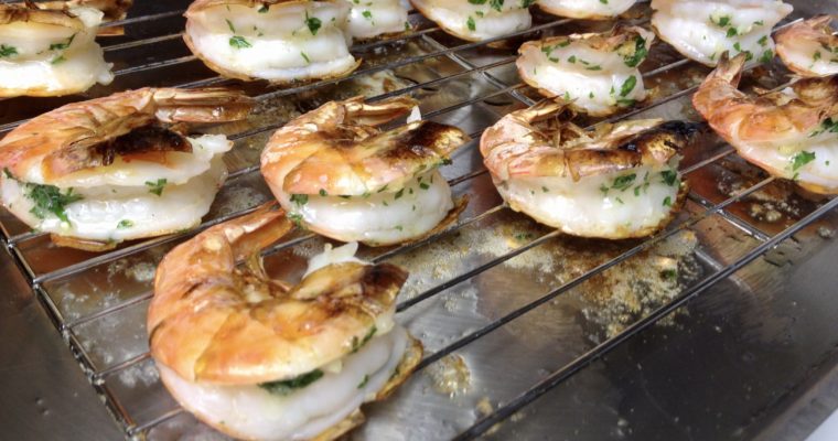 Oven-Broiled Peel-and-Eat Shrimp with Garlic-Butter Zip Sauce
