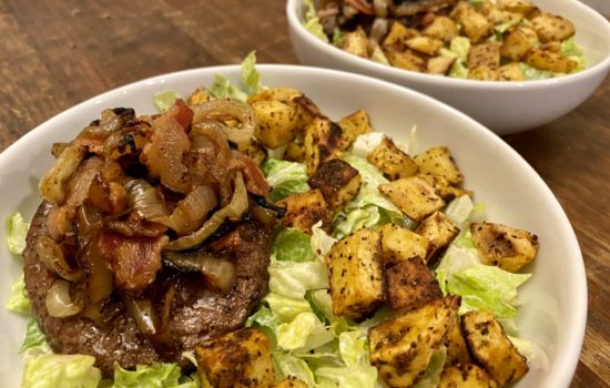 Hamburger Salad with Bacon and Onion Relish and Sweet Potato Croutons
