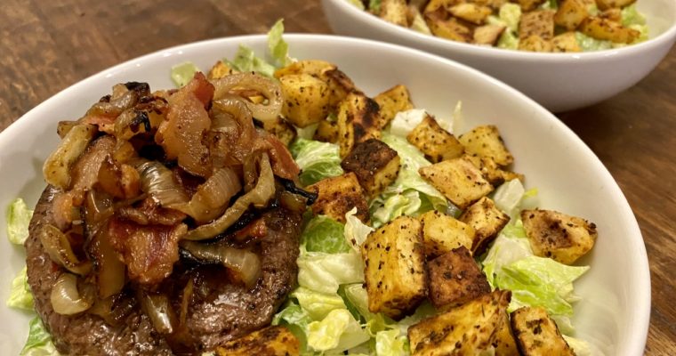 Hamburger Salad with Bacon and Onion Relish and Sweet Potato Croutons