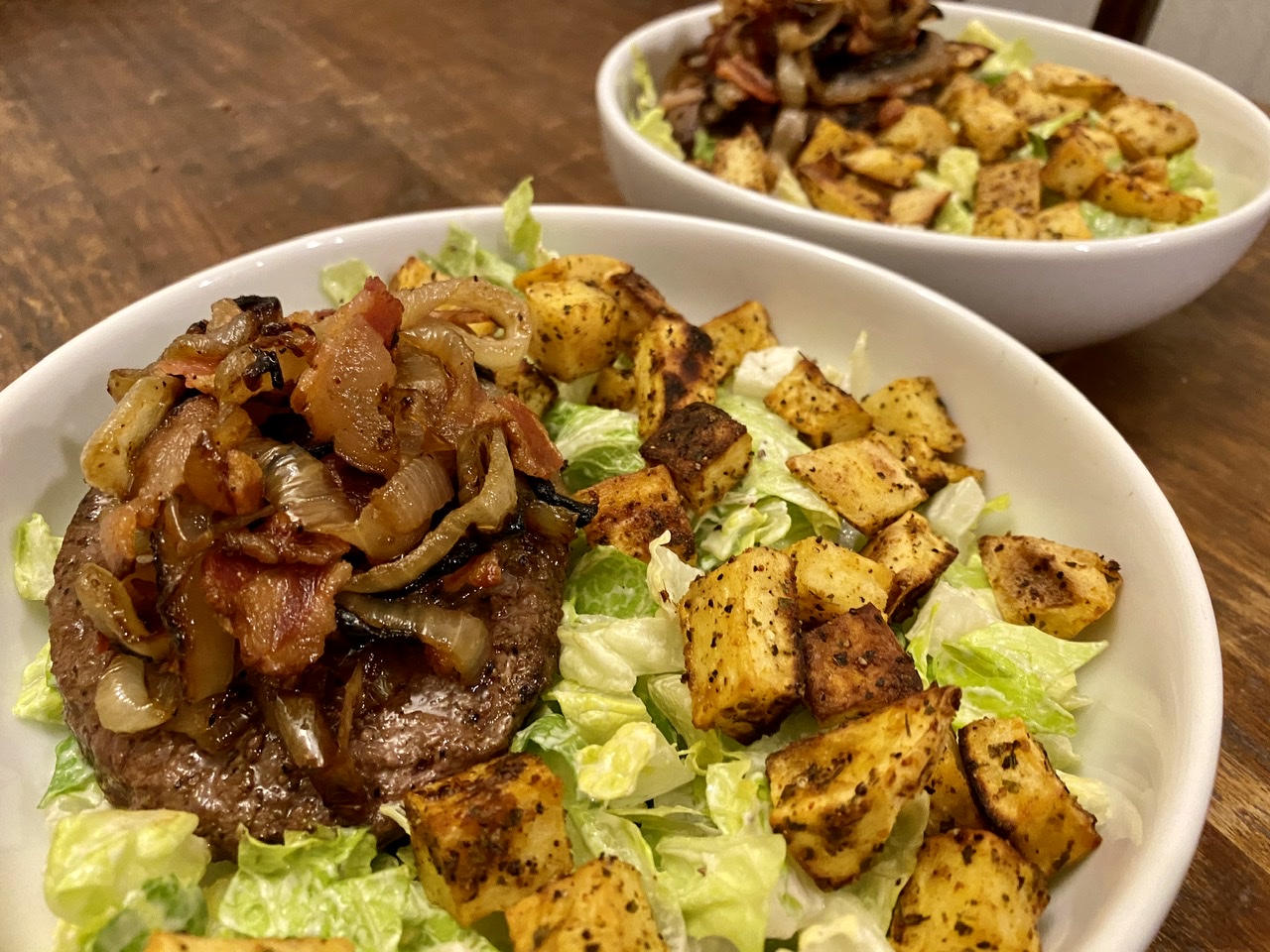 Hamburger Salad with Bacon and Onion Relish and Sweet Potato Croutons