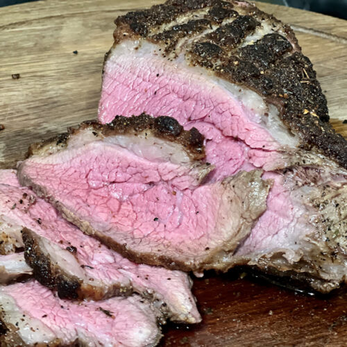 Perfectly cooked slices of medium-rare tri-tip pan-seared oven-finished