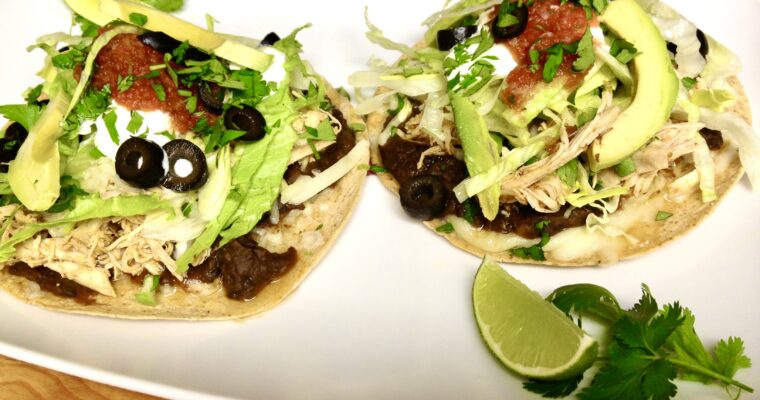 Shredded Chicken Tostadas on Home-Baked Flour Tortillas