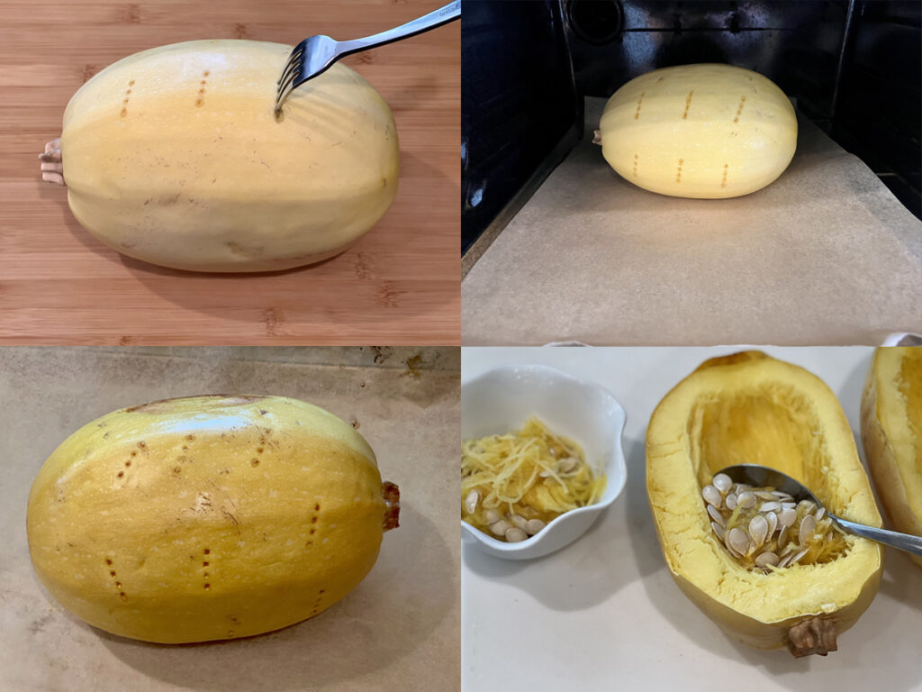 Montage image of spaghetti squash baking