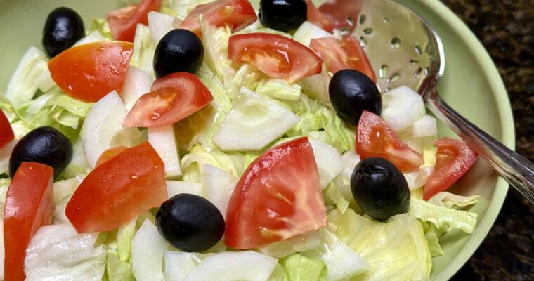 Mom’s Iceberg Salad with Cucumber, Tomato, and Black Olives